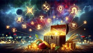 A vivid, high-definition image showing the concept of financial prosperity, symbolized by a bountiful harvest or a treasure chest full of gold and jewels. Superimposed on this backdrop are the two constellations corresponding to Zodiac signs that will purportedly have a good fortune on December 17. The constellations are glowing brightly, suggesting their prominence and influence during this time.