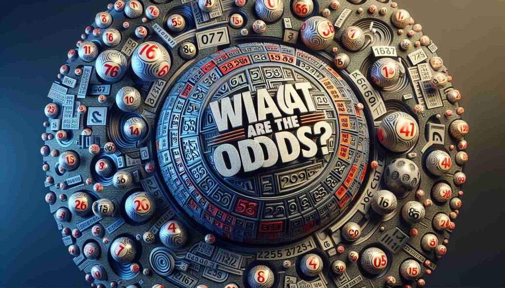 High definition, realistic illustration of various numbers scattered around in complex patterns, representing the unpredictability and odds of a typical Mega Millions lottery draw. Symbolic elements like spinning lottery balls with numbers could be included to emphasize the theme of lottery. The phrase 'What Are the Odds?' prominently displayed in the center.