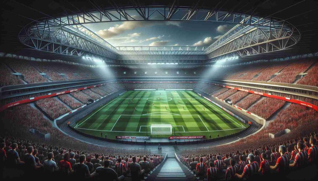 Highly detailed and realistic image of a large football stadium, the air filled with the anticipation of an upcoming match. The stadium is painted predominantly in red and white, and the football field at the center is filled with excitement. Crowd is seen hopeful with their eyes focused on the field as they wait for the game to start. It is the home ground of a popular football team, with a banner that reads: 'Can the home team secure another victory?'