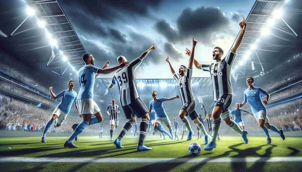 A realistic, high-definition illustration displaying an exhilarating soccer match between two top-level clubs. One team, clad in black and white stripes (resembling Juventus), is seen celebrating a stunning victory over another team wearing sky blue uniforms (closely resembling Manchester City). Around them, the stadium buzzes with excitement and the question lingers in the air - will they be able to maintain this winning momentum in upcoming matches?