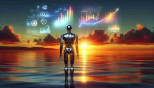 A realistic, high-definition image depicting the concept of earnings on the horizon for a generic automation software company. The image includes a vibrant sunrise over a vast ocean, the light gleaming off the still waters. In the foreground stands a sleek, modern robot, metal glistening in the breaking light, staring out towards the horizon. Floating above the ocean are holographic charts and graphs, glowing in the light of the dawn, symbolizing potential future earnings.