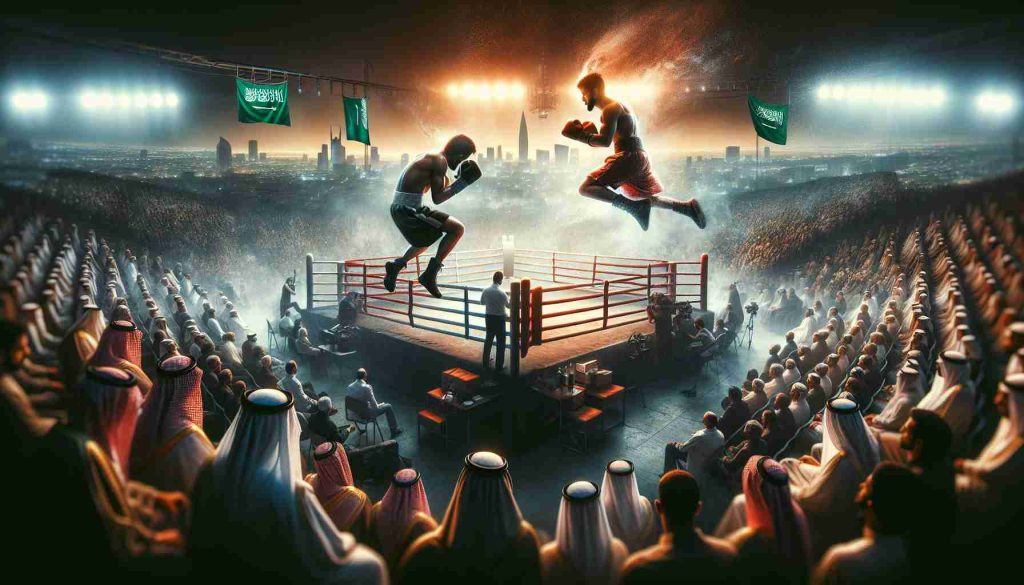 Create a high-definition realistic image depicting an intense boxing showdown taking place in Riyadh, Saudia Arabia. Emphasize the energy and tension of the unseen battle, where the fighters are not yet visible, but the anticipation in the crowd is palpable.