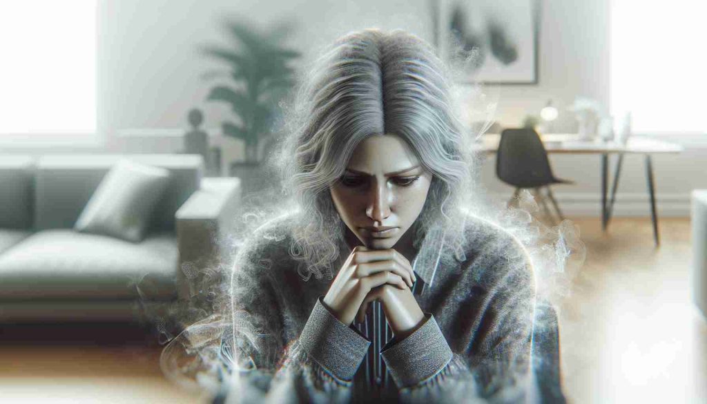 A hyper-realistic, high-definition image of an anonymous woman showing signs of distress and sadness. She is situated in a modern living area, perhaps indicating she is someone's fiancée. Hazy forms around her could imply a context of emotional tension.