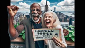 A high-resolution photo realism of two mature individuals, of varying descents, one black male wearing a casual shirt and the other white female wearing a blouse, gleefully celebrating in the heart of New York City. They hold an oversized state lottery ticket marked 'Powerball Winners!' in their hands victoriously against a backdrop of the iconic urban skyline.