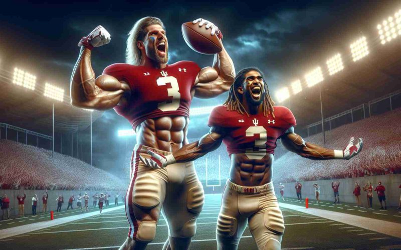 A realistic high-definition photo of a historic moment in Indiana football. Two players are the focus of the photograph - one is a towering, athletic Caucasian male who is known for his amazing catches; the other is a lithe and agile South Asian male known for his show-stopping runs. Both are clad in the vibrant crimson and cream uniforms associated with Indiana football, their energy and determination radiating off the picture. They celebrate their performance, basking in the glow of stadium lights and a roaring crowd's cheers.