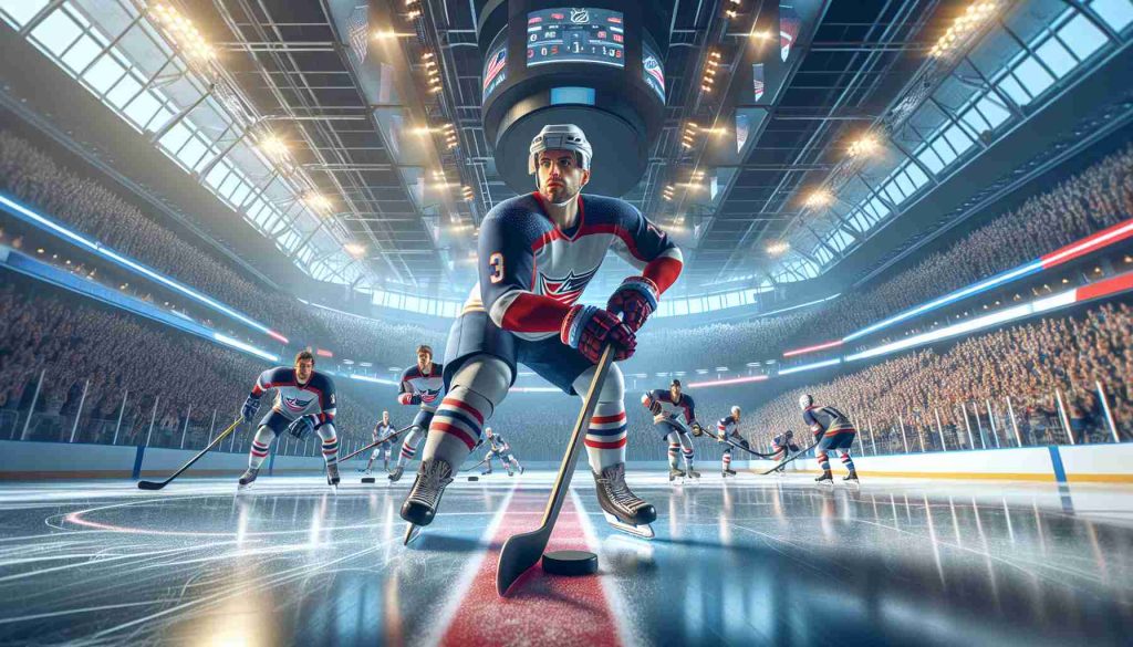 A highly-detailed, realistic image showing a high-stakes ice hockey competition, with attention-grabbing anticipation and pre-match tension. The scene focuses on some promising players displaying their skills on the rink. Each player is known for their prowess and potential, and has the chance to change the game dynamics anytime. The grandeur of the stadium should be evident, adding to the drama of the event. Also, the photo should have elements suggesting that it's a game where crucial points are on the line. Please do not include any specific team logos or identifiable celebrity likenesses.