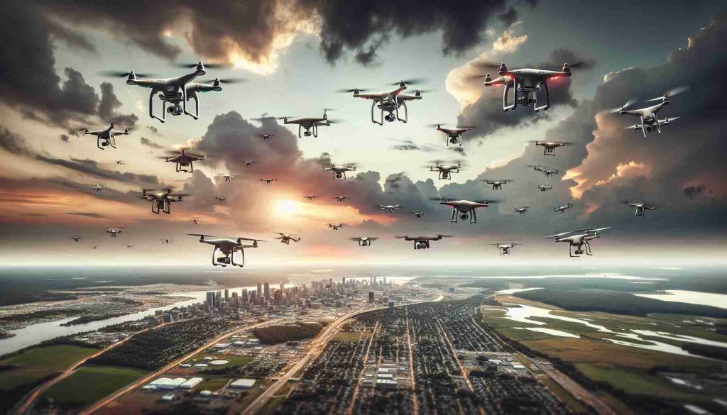 Realistic high-definition image depicting a variety of drones flying over the diverse landscapes of New Jersey. These drones are of varying shapes and sizes, with some engaged in aerial maneuvers while others hover steadily over the cityscape and rural areas. The sky is filled with a sense of intrigue and mystery as the evening unfolds, showcasing a breathtaking sunset.