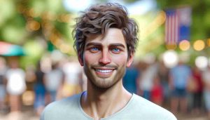 Realistic HD photo of a smiling man, with striking blue eyes and short, wavy, slightly messy, light brown hair. He exudes a sense of joy and fulfillment. Dressed in a casual style, he stands in an environment that radiates positivity and ebullience, perhaps a sunny park or a vibrant street café.