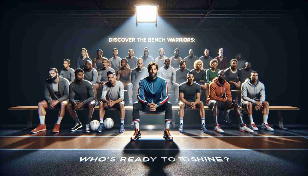 Create a high definition, realistic image representing the concept of 'Discover the Bench Warriors: Who’s Ready to Shine?' This scene should depict a diverse and equally distributed group of athletes from various descents such as Caucasian, Hispanic, Black, Middle-Eastern, and South Asian. These athletes, including men and women, are sitting on a bench and look ready to leap into action at any moment. Each one of them wears a determined expression, embodying the spirit of a warrior. A spotlight shines on them, symbolising their readiness to shine.