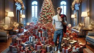 Realistic high definition image depicting an impressive festive haul. The scene could include an individual of Caucasian descent, potentially a teenager, flaunting a collection of luxurious gifts. The setting can be a well-decorated room with a large and beautifully decorated Christmas tree, piles of wrapped gifts, shiny baubles scattered around, and the glimmer of holiday lights. The individual's expression should reflect joy and excitement. Note: The person in the scene does not represent any specific real-life person and should be completely fictional.