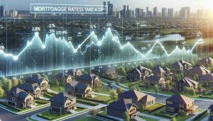 Realistic high-definition visualization of mortgage rates reducing symbolically. In the foreground, a digital line chart showing rates dipping. In the background, a scenic view of a diverse suburb with homes of various styles. Annotations or text in the image might read: 'Mortgage Rates Take a Dip! Will Homeownership Become More Attainable?'