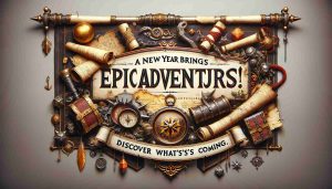 Detailed and realistic high-definition image of a banner for a New Year's celebration, symbolizing the promise of epic adventures. The banner is filled with elements suggesting grand metaphorical journeys, such as antique maps, compasses, scrolls, and treasure chests. The words 'A New Year Brings Epic Adventures! Discover What’s Coming' are boldly printed on the banner. The setting should evoke the miscellaneous fantasy elements typical of a vibrant and dynamic role-playing video game, although not referencing any specific game.