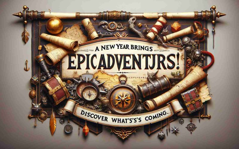 Detailed and realistic high-definition image of a banner for a New Year's celebration, symbolizing the promise of epic adventures. The banner is filled with elements suggesting grand metaphorical journeys, such as antique maps, compasses, scrolls, and treasure chests. The words 'A New Year Brings Epic Adventures! Discover What’s Coming' are boldly printed on the banner. The setting should evoke the miscellaneous fantasy elements typical of a vibrant and dynamic role-playing video game, although not referencing any specific game.