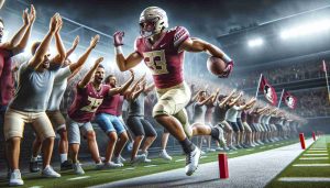 Realistic high-definition image of a key American football player making a dramatic re-entry on the field during a game, in the uniform of Florida State. Emphasis on the tight end position he is filling, possibly suggesting his major significance in the team. The crowd is ecstatic and welcoming him back with applause and cheering.