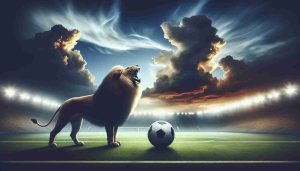 Generate a high-definition, realistic image showcasing a symbolic representation of a major sports showdown. Include a football pitch under a dramatic, cloudy sky to indicate an important match is ahead. Against this backdrop, create a strong lion, representing a team determined to keep their winning streak alive. It stands proudly, roaring towards the sky. Please note: this is a representation and does not depict any specific match or sports reality.