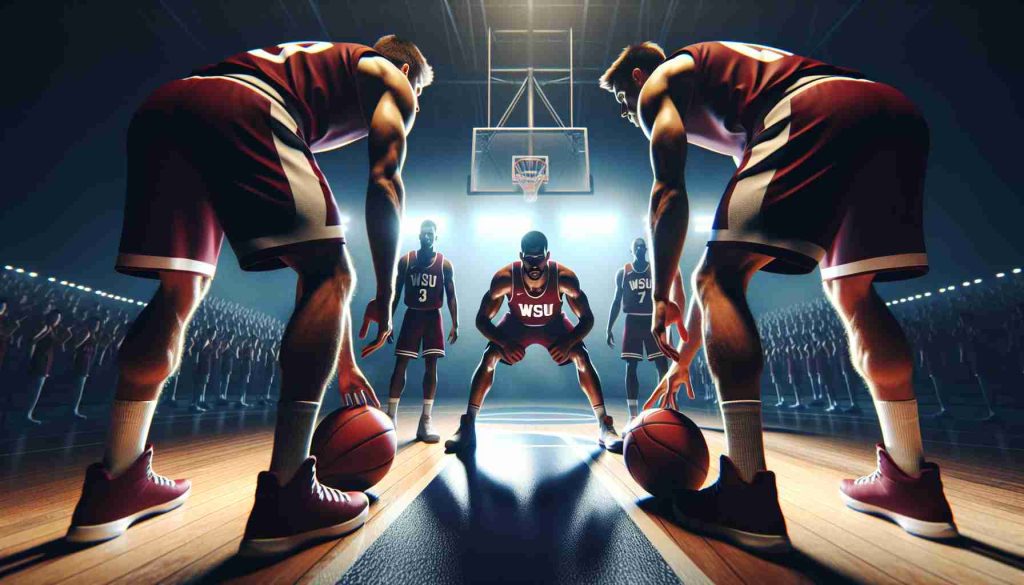 Create a high-quality, realistic image of an exciting sports showdown. The scene depicts two basketball teams preparing for a major match. The team in focus is WSU, bracing themselves to overcome difficult challenges. The ambience is tense, filled with anticipation and determination. Please do not include real athletes or recognizable team logos.