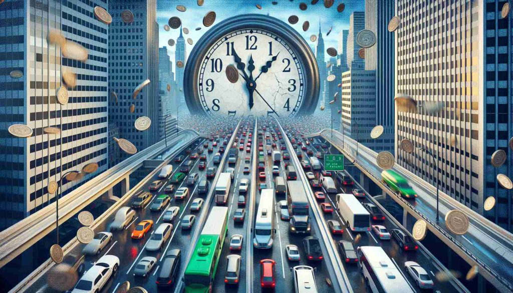 An HD illustrated image representing a looming deadline on the horizon, depicted as a giant clock that's nearing midnight, placed in a bustling, realistic New York City environment. The city should be crowded with various vehicles indicating traffic congestion. The emphasis on congested traffic should implicitly relate the image to the concept of 'congestion pricing'. To further emphasize the concept, coins or other forms of currency falling from the sky as if taxation are a subtle hint.