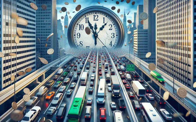 An HD illustrated image representing a looming deadline on the horizon, depicted as a giant clock that's nearing midnight, placed in a bustling, realistic New York City environment. The city should be crowded with various vehicles indicating traffic congestion. The emphasis on congested traffic should implicitly relate the image to the concept of 'congestion pricing'. To further emphasize the concept, coins or other forms of currency falling from the sky as if taxation are a subtle hint.