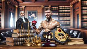 An HD photo illustrating a monumental legal victory for a prominent professional kickboxer, depicting the possible scenario of legal prosecutors losing their case. The scene portrays heavy law books, a traditional wood-paneled courtroom with a picture of the scales of justice prominently displayed. The kickboxer, with a triumphant expression, is only suggested through a detailed depiction of a gold championship belt and a pair of kickboxing gloves.