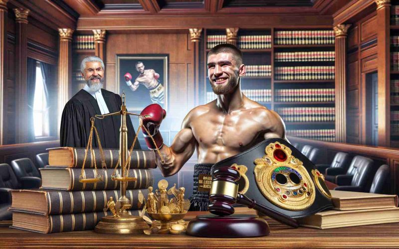 An HD photo illustrating a monumental legal victory for a prominent professional kickboxer, depicting the possible scenario of legal prosecutors losing their case. The scene portrays heavy law books, a traditional wood-paneled courtroom with a picture of the scales of justice prominently displayed. The kickboxer, with a triumphant expression, is only suggested through a detailed depiction of a gold championship belt and a pair of kickboxing gloves.