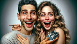 An imaginatively realistic high-definition portrait of an excited couple who have just received news about their family expanding! They are both joyful and overflowing with emotion. The man is of Ashkenazi Jewish descent with short dark hair and the woman is of European descent with long wavy blonde hair. Both are holding a tiny pair of baby shoes, symbolic of their impending parenthood.