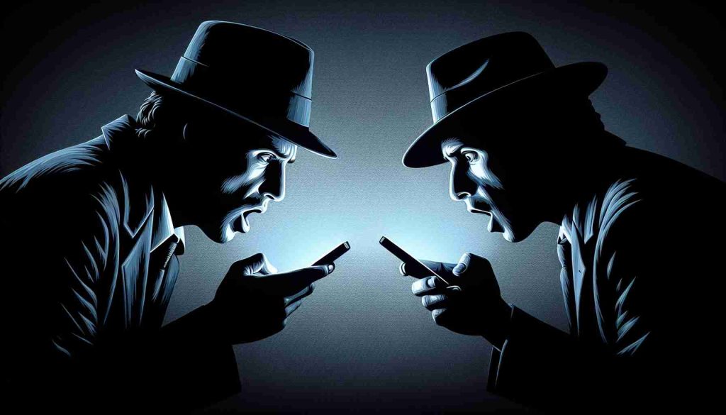 HD image of a dramatized scene featuring two iconic silhouettes akin to famous music artists engaged in deep conversation through text messages, with shocked and surprised expressions on their faces.