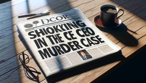 A realistic, high-definition digital representation of a newspaper headline that reads: 'Shocking Developments in the CEO Murder Case'. The newspaper is spread out on a wooden table, with a cup of coffee and a pair of reading glasses beside it. The article below the headline is blurred out, drawing attention to the dramatic headline. The morning sunshine streams in through a nearby window, casting a soft glow on the scene.