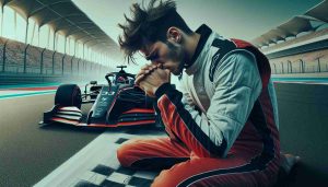 Depict a dramatic scene from a motorsport competition taking place in Abu Dhabi. Show a race car driver with a visible sense of heartbreak, suggesting a final race that took an unexpected turn. Make sure to include a realistic, high-definition representation of the racetrack environment.