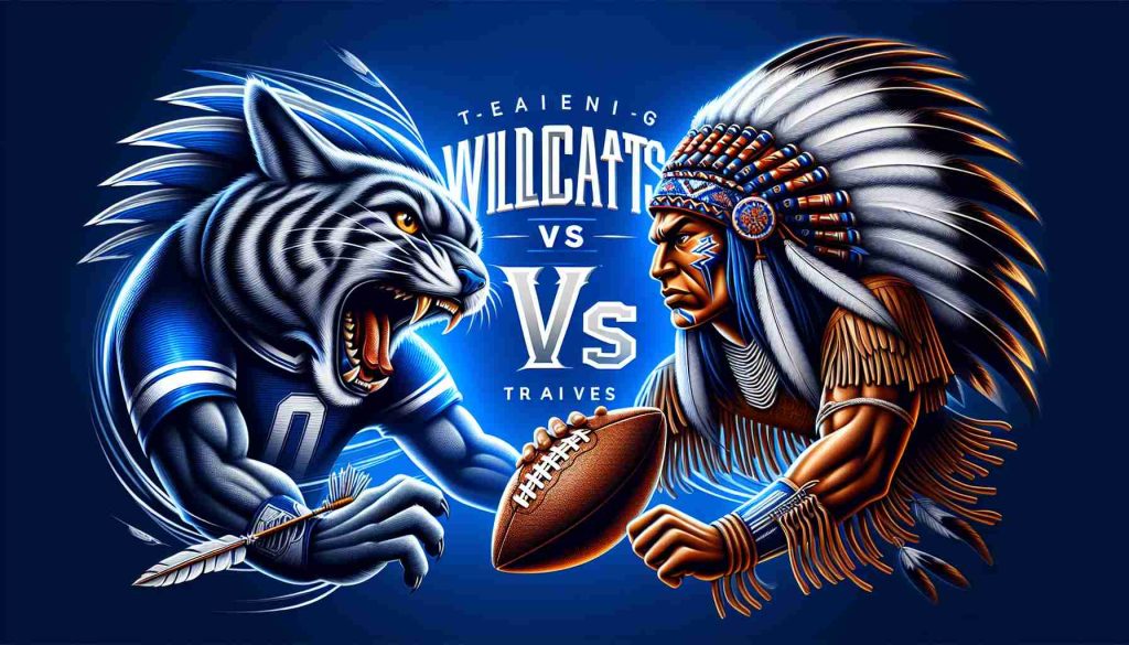 Realistic high-definition image of a thrilling face-off between two sports teams, the Wildcats and the Braves. The illustration should embody the spirit of friendly competition and sportsmanship. Capture the anticipation of the game that is set to happen this coming Sunday. Please include elements that symbolically represent the two teams, such as an aggressive wildcat reflecting strength and agility and a brave Native American warrior to symbolize bravery and courage.