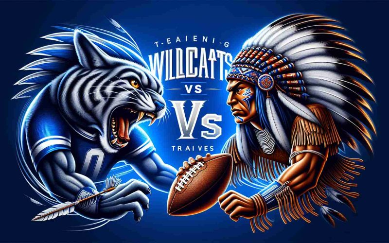 Realistic high-definition image of a thrilling face-off between two sports teams, the Wildcats and the Braves. The illustration should embody the spirit of friendly competition and sportsmanship. Capture the anticipation of the game that is set to happen this coming Sunday. Please include elements that symbolically represent the two teams, such as an aggressive wildcat reflecting strength and agility and a brave Native American warrior to symbolize bravery and courage.