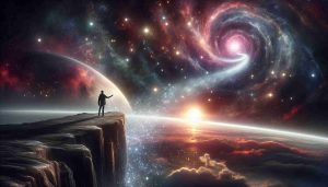 High definition, realistic image that visualizes the metaphor 'A Cosmic Opportunity Awaits! Will You Grab It?'. Imagine a person standing on the edge of a cliff, gazing out into the starry cosmos. In the distance, an ethereal path made of stardust and nebulae extends from the ground into space, leading towards a radiant, inviting planet. The person is reaching out, as if about to set foot on this cosmic path. The image conveys an overall tone of anticipation and wonder, highlighting the enormous probability and promise of the cosmos.