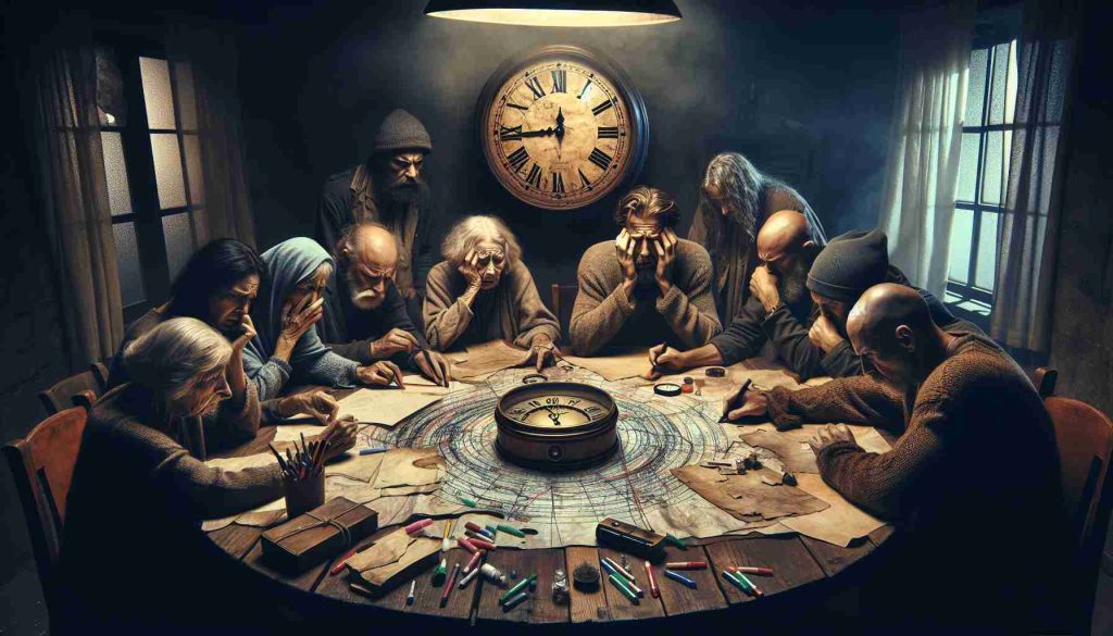 Create a detailed, high definition image portraying the concept of 'Time is Running Out'. Depict an anxious family with diverse descents, sitting around a round wooden table, under a dim light, hunched over a plethora of markers, papers and a map, in the quest to find their missing family member. Each person is showing various intense emotions, from despair, to determination. The central focus should be an old-fashioned ticking clock contributing to the dramatic atmosphere, indicating that every second is crucial.