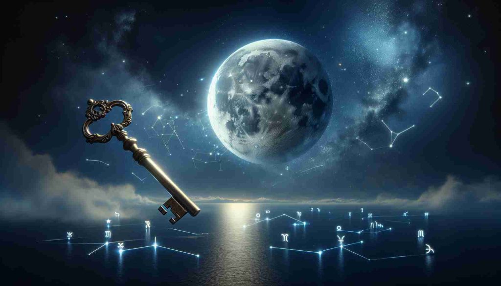 Generate a realistic high-definition image of a celestial setup encapsulating the theme 'Unlock Your Future: Discover the Secrets of the Cold Moon! Your Zodiac Awaits!'. The scene includes a bright, silvery Cold Moon standing out against the dark night sky. Scattered around, there should be zodiac constellations visible faintly against the deep blue. A large old-fashioned brass key hovers in the sky, symbolizing 'unlocking' your future. The composition should evoke a sense of mystery, anticipation, and discovery.