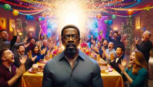 A high-definition image of a surprising event happening during a birthday celebration of an acclaimed actor, who is known for his versatile talents ranging from acting to singing and comedy. The setting is vibrant, filled with decorations and energetic guests. The actor, an African American middle-aged man with charismatic appeal, is at the center of the celebration.