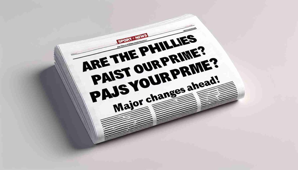 A realistic, high-definition image of a blank sports news headline reading: 'Are the Phillies Past Their Prime? Major Changes Ahead!' The headline should be bold and eye-catching, perhaps printed on a piece of crisp, white newspaper or displayed on a slick, digital news screen. There should be no images, only text.