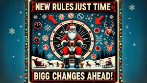 Generate a realistic HD image of a poster announcing major changes just in time for a community-based festive event named SantaCon. The poster should signify the introduction of new rules and adjustments, implying a significant transformation for the upcoming event. Include text that says 'New Rules Just in Time for SantaCon! Big Changes Ahead!' and represent this shift with symbols of Christmas like Santa Claus, sleds, reindeers, Christmas trees etc., combined with signs and symbols that suggest change, such as arrows in new directions, a clock at the stroke of midnight, or a metamorphosing Santa figure.