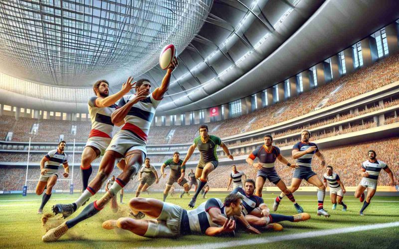 A high-definition, realistic image depicting an unexpected outcome during a men's rugby sevens tournament held in Dubai. The scene illustrates the high-paced, dynamic nature of the sport with diverse teams represented, including members from different descents such as Caucasian, Black, Hispanic and South Asian. The arena is packed with spectators, all captivated by the unpredictability of the game.