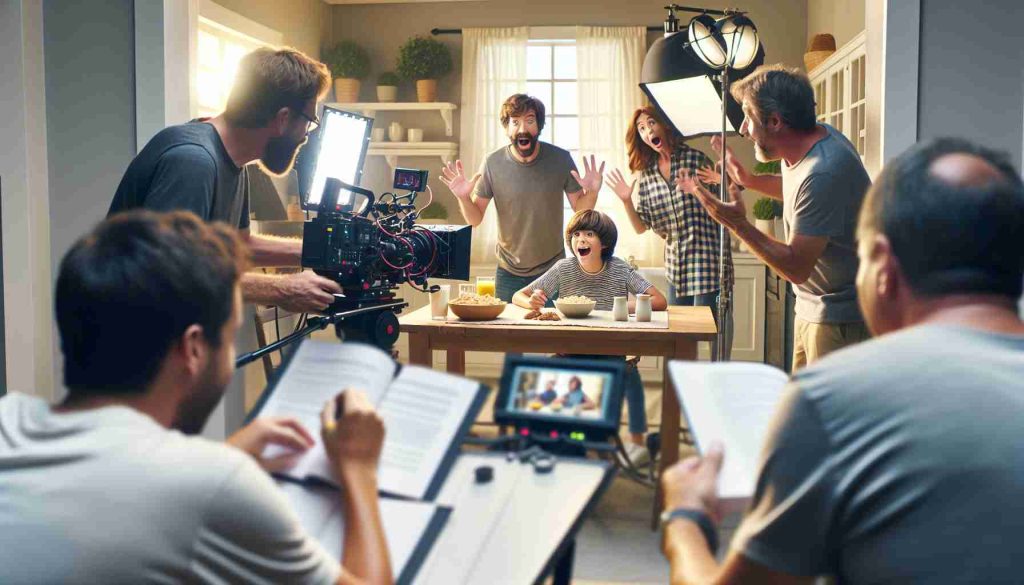 A realistic, high-definition image that reveals a surprising moment happening behind-the-scenes during the filming of a fictional home-themed comedy film. This moment could show the actors (a ten-year-old brunette Caucasian boy and two adult men) and the film crew collaborating and working together during a humorous or unexpected event during filming. The atmosphere is light, filled with laughter and camaraderie, and shows a detailed view of a film set, including cameras, lighting equipment, and props.