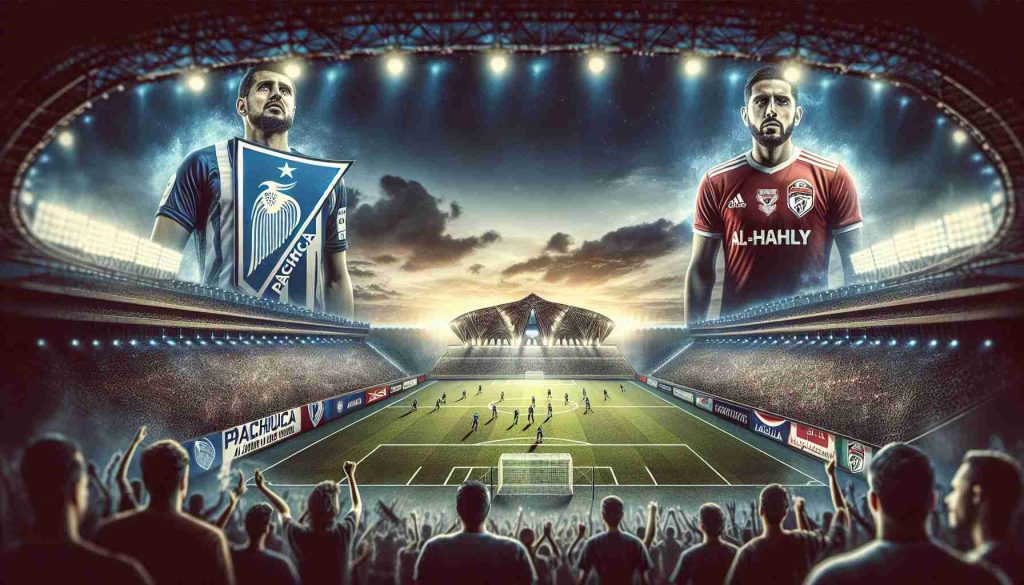 An atmospheric, high-definition illustration of an anticipation-filled scene surrounding a major soccer match. The matchup features Pachuca, a team represented by their iconic blue and white traditional soccer uniforms, and Al-Ahly, with their renowned red jerseys. A grand stadium can be seen in the background, brimming with anticipation for the massive duel ahead. Imagery such as team banners, cheering crowds, and a bright floodlit pitch help build the tension and excitement of this upcoming event.