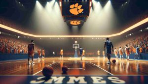 Realistic high-definition image of a basketball court with the atmosphere of anticipation. Highlight a moment just before a challenging basketball game, showcasing the team colors of Clemson and Memphis. No team logos or mascots should be present. The focus should be on the anticipation of a challenging game rather than on specific teams or players. The ambiance of the audience in the background, the quality of the court and the intensity of the match atmosphere should be emphasized.