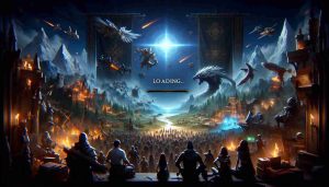 Create an intriguing, high-definition visual representation of the loading screen for an upcoming fantasy role-playing game sequel, filled with anticipation and excitement. The scene contains elements revealing new features, such as new terrains, characters, and weapons. It builds suspense for the players, indicating the thrilling adventures to come.