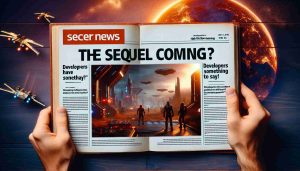 Create a high-definition photo that depicts the setting of a popular science fiction gaming series, implying anticipation and speculation about potential sequel. The image includes text headlines 'Is the sequel coming?' and 'Developers have something to say!'