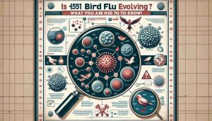 Create a detailed and accurate depiction showing the evolution of the H5N1 bird flu virus. The image should include a magnified view of the virus showing its transformation over time. It can additionally feature symbols or visual elements denoting important facts one needs to know about this disease. Don't forget to include a bold, captivating headline at the top saying 'Is H5N1 Bird Flu Evolving? What You Need to Know!' to replicate the feel of an informative poster or news article. The image should be as realistic as possible and in high definition.