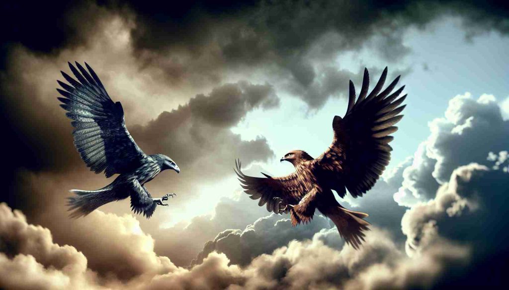 A high-resolution atmospheric image depicting a big showdown. A literal interpretation of this concept could be two large birds, resembling hawks, poised for an imminent clash. To symbolize the doubt of securing a victory, one of the birds could have a wingspan slightly wider than the other, displaying a subtle advantage. A cloudy, stormy sky as a backdrop would enhance the sense of tension and competition.