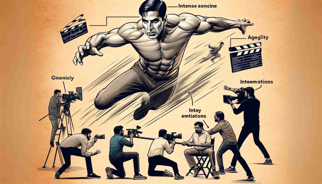 Generate an image representing cinematic acting style of a generic South Asian male actor resembling Akshay Kumar's physique. Picture him in an action scene, demonstrating agility, intense emotions, probably on a movie set, with film equipments around. Do ensure this character isn't identifiable as a specific person.