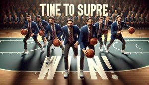 A realistic, high-definition image depicting a basketball game in progress with a team wearing blazers. They are eager to make their mark with a visibly energetic performance and are hoping to end their string of losses. The words 'Time for a Surprise Win!' can be seen in bold, excited font, capturing the anticipation and hope of the moment.