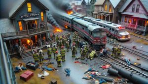 A detailed portrayal of a tragic event in a fictitious town called Middletown. Capture the devastating aftermath of a train accident, focusing on the emergency workers and bystanders who bear witness. Show the train damage in high-definition, creating a somber atmosphere. Please respect the sensitive nature of the subject and avoid explicit or brutal details.