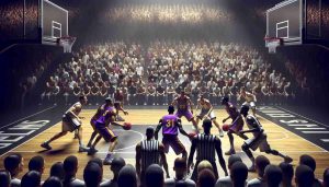 A high-definition, realistic visual depiction of a tense basketball game between teams, one of them in purple and gold attire representing a time of struggle, and the other in black and white attire embodying hope and assistance. The crowded stands, focused players, and suspenseful atmosphere convey a sense of urgency, emphasizing the uncertainty of the game's results.