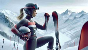 A realistic HD photo of a determined female Alpine ski champion, who is known for her resilience, preparing for a new challenge. She is in her skiing gear, standing at the top of a snow-covered slope with a backdrop of mountain peaks. Her helmet is held under her arm, and skis are positioned next to her, reflecting her readiness for the race ahead.