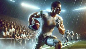 Ultra-high definition image that depicts a scene from a sports ground. It elaborately shows a rookie safety player in an American football match taking control of the game and becoming the star of the show. The player is energetically running with the ball, shirt drenched in sweat, focus and determination reflected in his eyes. The crowd in the background is a mixture of surprise and awe, capturing the moment when a new star is born in sports.